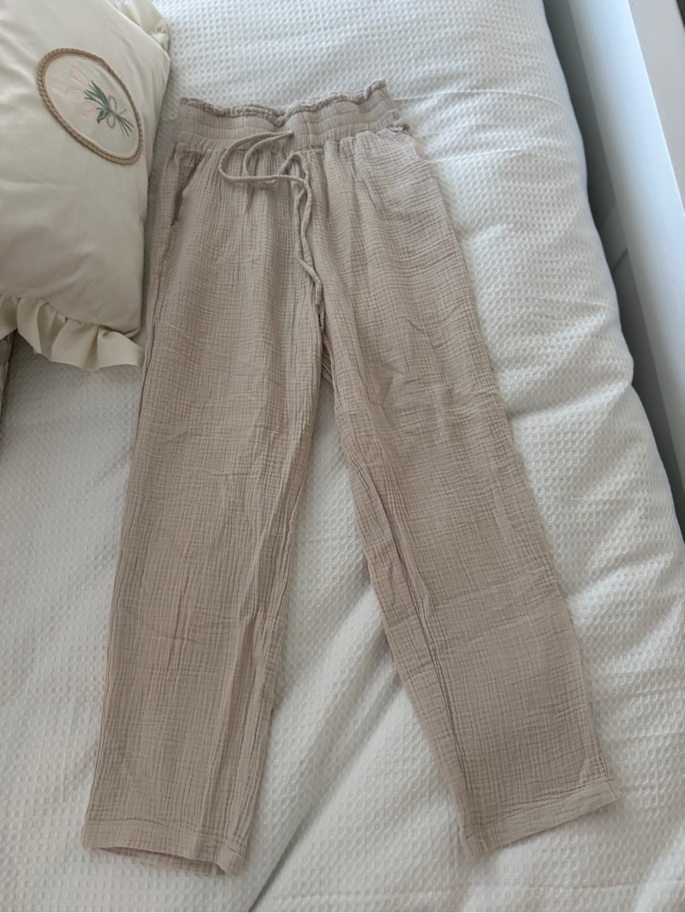 Light Beige Gauze waffle knit linen Drawstring  Pants